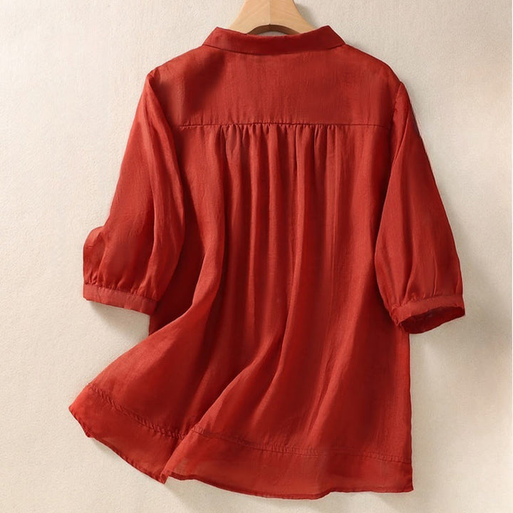 Koszula damska z haftowanymi guzikami i kwiatowym wzorem w Buddha Stones , rękaw trzy czwarte, klapa, bawełna, len - image 20