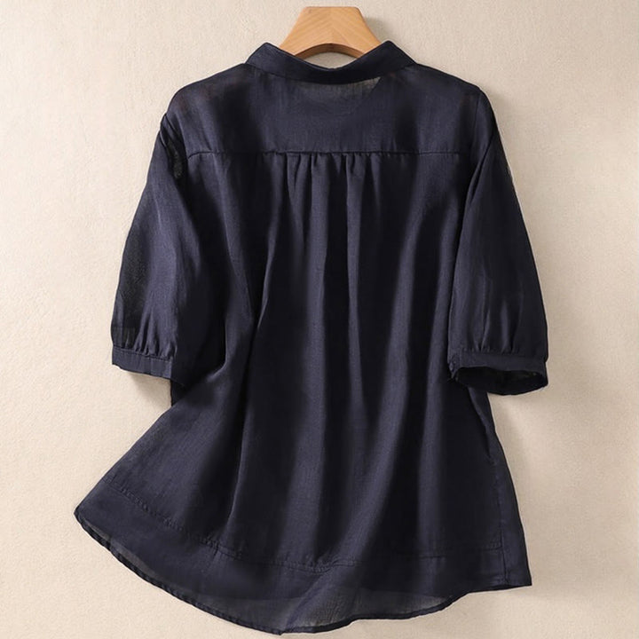 Koszula damska z haftowanymi guzikami i kwiatowym wzorem w Buddha Stones , rękaw trzy czwarte, klapa, bawełna, len - image 27