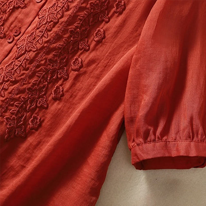 Koszula damska z haftowanymi guzikami i kwiatowym wzorem w Buddha Stones , rękaw trzy czwarte, klapa, bawełna, len - image 24