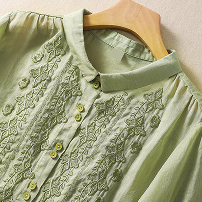 Koszula damska z haftowanymi guzikami i kwiatowym wzorem w Buddha Stones , rękaw trzy czwarte, klapa, bawełna, len - image 2