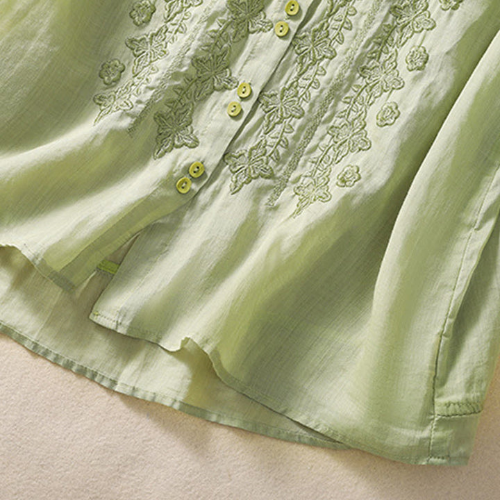 Koszula damska z haftowanymi guzikami i kwiatowym wzorem w Buddha Stones , rękaw trzy czwarte, klapa, bawełna, len - image 4