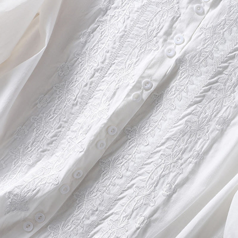 Koszula damska z haftowanymi guzikami i kwiatowym wzorem w Buddha Stones , rękaw trzy czwarte, klapa, bawełna, len - image 10