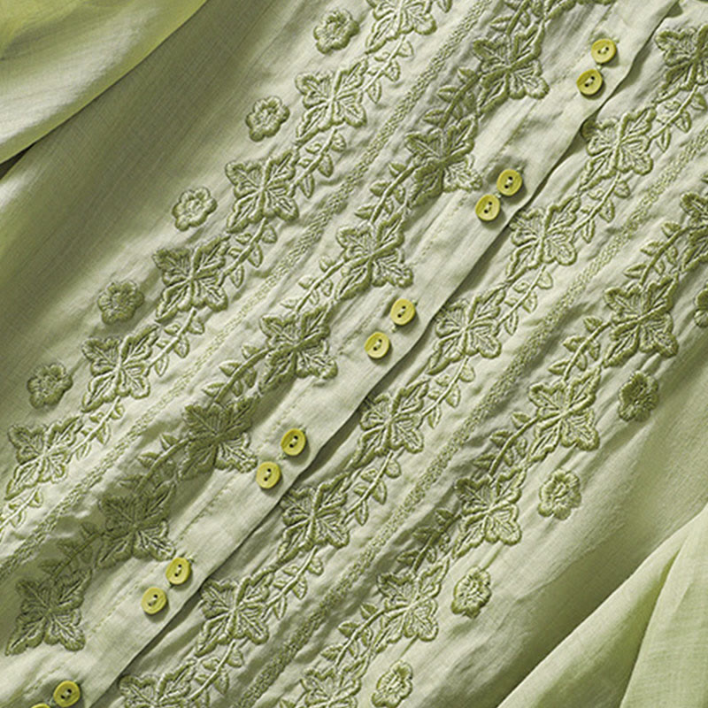 Koszula damska z haftowanymi guzikami i kwiatowym wzorem w Buddha Stones , rękaw trzy czwarte, klapa, bawełna, len - image 3