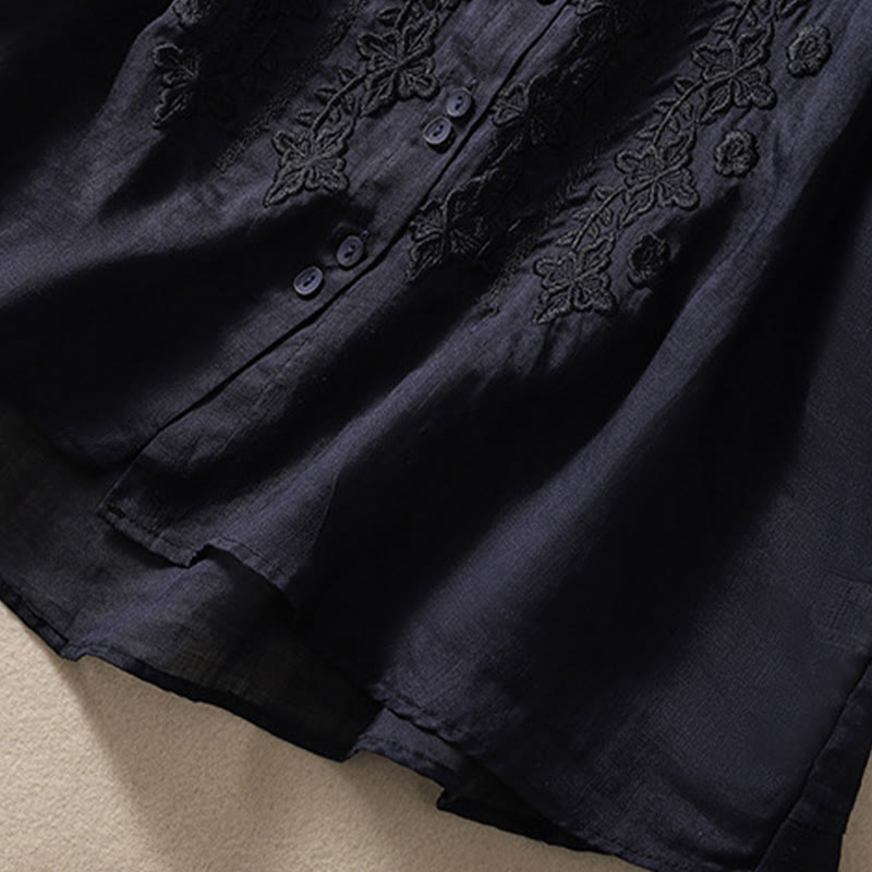 Koszula damska z haftowanymi guzikami i kwiatowym wzorem w Buddha Stones , rękaw trzy czwarte, klapa, bawełna, len - image 31