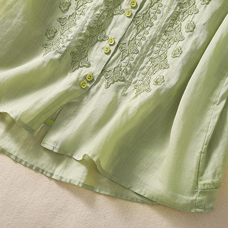 Koszula damska z haftowanymi guzikami i kwiatowym wzorem w Buddha Stones , rękaw trzy czwarte, klapa, bawełna, len - image 4