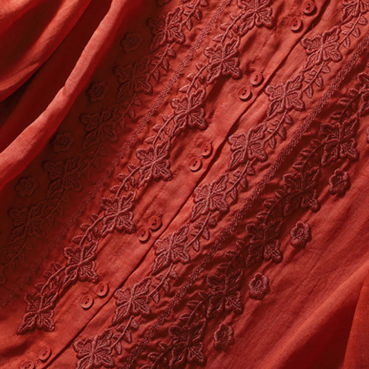 Koszula damska z haftowanymi guzikami i kwiatowym wzorem w Buddha Stones , rękaw trzy czwarte, klapa, bawełna, len - image 23