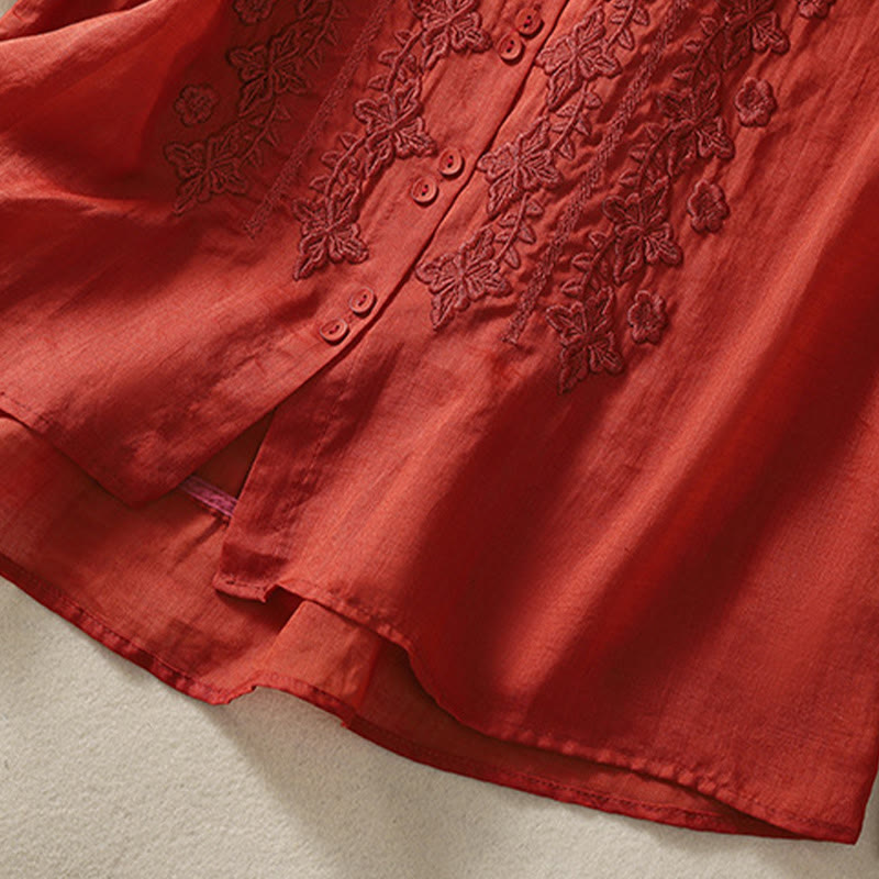 Koszula damska z haftowanymi guzikami i kwiatowym wzorem w Buddha Stones , rękaw trzy czwarte, klapa, bawełna, len - image 25