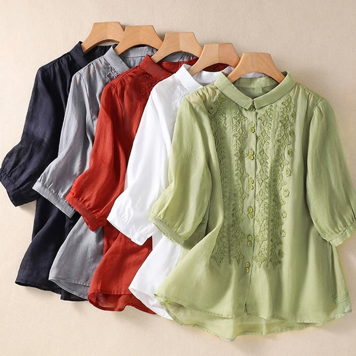 Koszula damska z haftowanymi guzikami i kwiatowym wzorem w Buddha Stones , rękaw trzy czwarte, klapa, bawełna, len - image 32