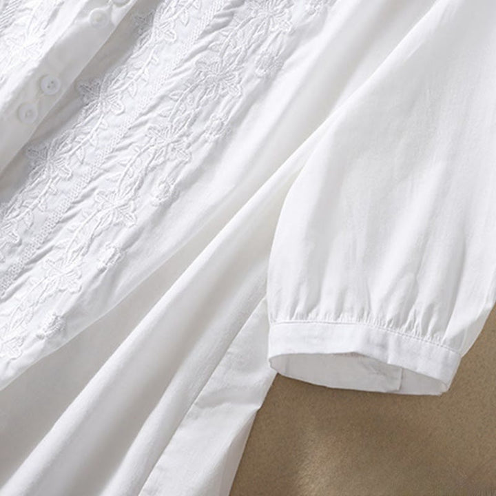 Koszula damska z haftowanymi guzikami i kwiatowym wzorem w Buddha Stones , rękaw trzy czwarte, klapa, bawełna, len - image 9