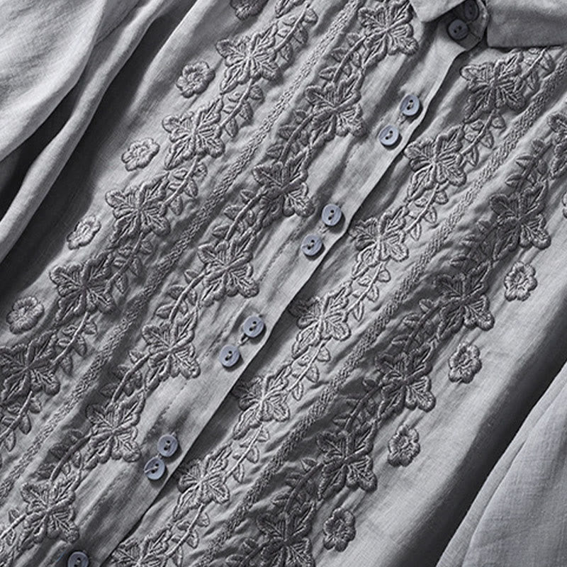 Koszula damska z haftowanymi guzikami i kwiatowym wzorem w Buddha Stones , rękaw trzy czwarte, klapa, bawełna, len - image 16