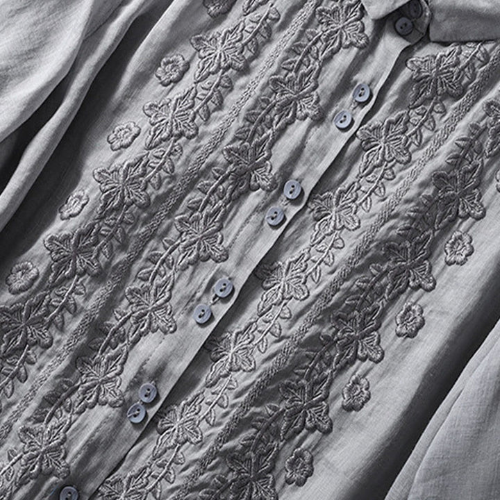 Koszula damska z haftowanymi guzikami i kwiatowym wzorem w Buddha Stones , rękaw trzy czwarte, klapa, bawełna, len - image 16