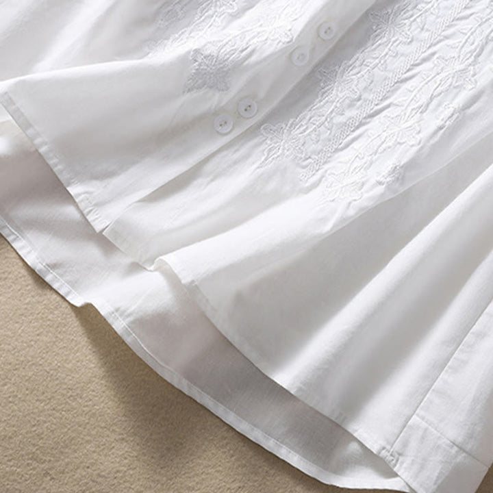 Koszula damska z haftowanymi guzikami i kwiatowym wzorem w Buddha Stones , rękaw trzy czwarte, klapa, bawełna, len - image 12