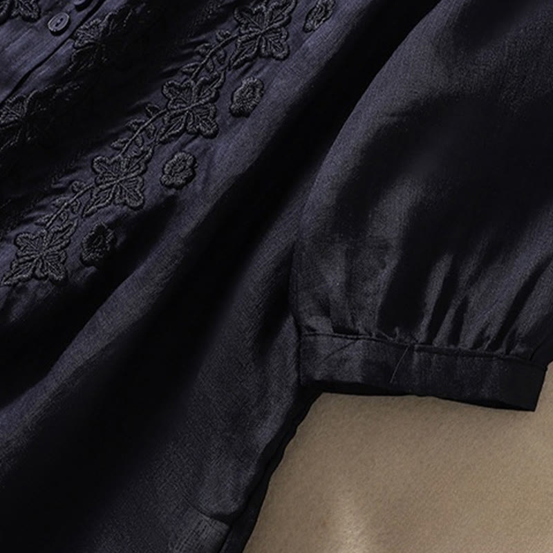 Koszula damska z haftowanymi guzikami i kwiatowym wzorem w Buddha Stones , rękaw trzy czwarte, klapa, bawełna, len - image 30