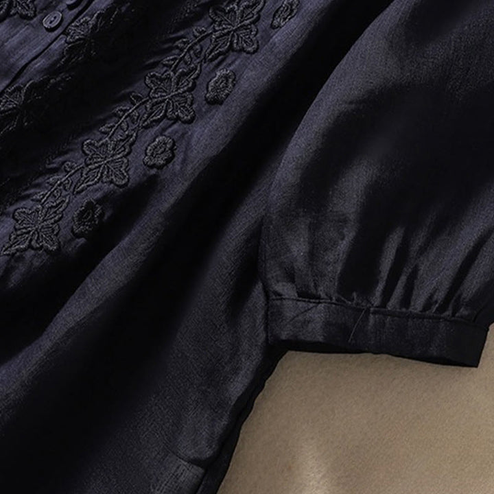 Koszula damska z haftowanymi guzikami i kwiatowym wzorem w Buddha Stones , rękaw trzy czwarte, klapa, bawełna, len - image 30