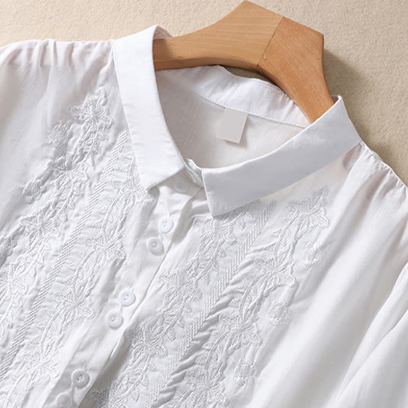 Koszula damska z haftowanymi guzikami i kwiatowym wzorem w Buddha Stones , rękaw trzy czwarte, klapa, bawełna, len - image 7