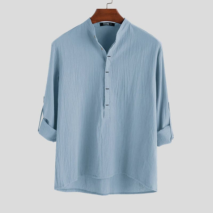 Buddha Stones Jednokolorowe Pół Guziki Długi Rękaw Bawełna Lniane Męskie Koszule - LightSkyBlue - US/UK/AU42， EU52 (3XL) - image 3