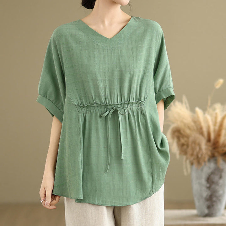 T-shirt damski z nadrukiem Buddha Stones w jednolitym kolorze, z krótkim rękawem i krótkim guzikiem - image 16