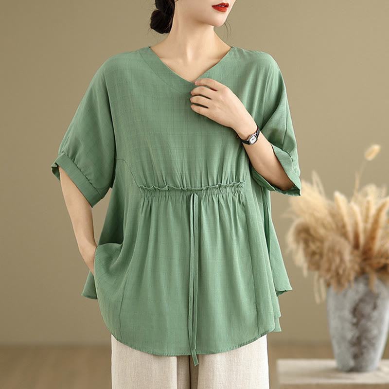 T-shirt damski z nadrukiem Buddha Stones w jednolitym kolorze, z krótkim rękawem i krótkim guzikiem - image 17