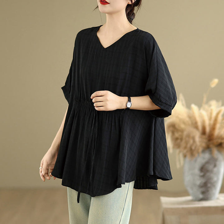 T-shirt damski z nadrukiem Buddha Stones w jednolitym kolorze, z krótkim rękawem i krótkim guzikiem - image 8