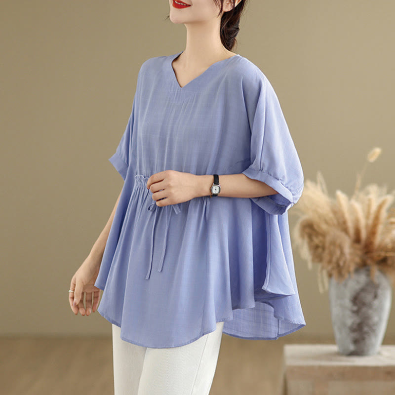 T-shirt damski z nadrukiem Buddha Stones w jednolitym kolorze, z krótkim rękawem i krótkim guzikiem - image 3