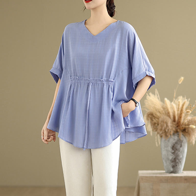 T-shirt damski z nadrukiem Buddha Stones w jednolitym kolorze, z krótkim rękawem i krótkim guzikiem - image 2