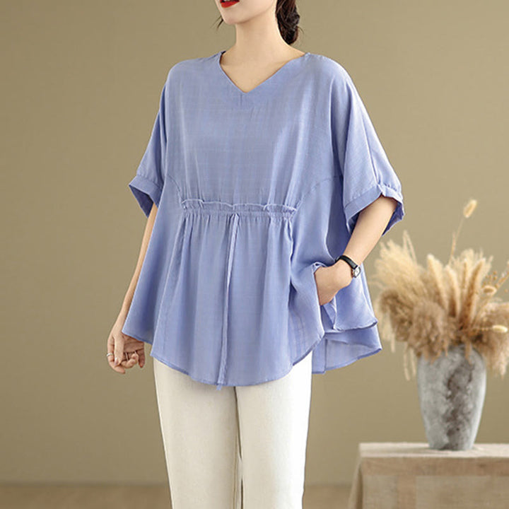 T-shirt damski z nadrukiem Buddha Stones w jednolitym kolorze, z krótkim rękawem i krótkim guzikiem - image 2