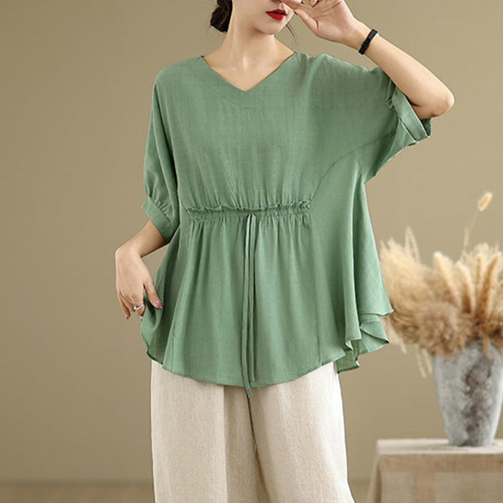 T-shirt damski z nadrukiem Buddha Stones w jednolitym kolorze, z krótkim rękawem i krótkim guzikiem - image 18