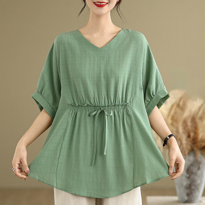 T-shirt damski z nadrukiem Buddha Stones w jednolitym kolorze, z krótkim rękawem i krótkim guzikiem - image 13