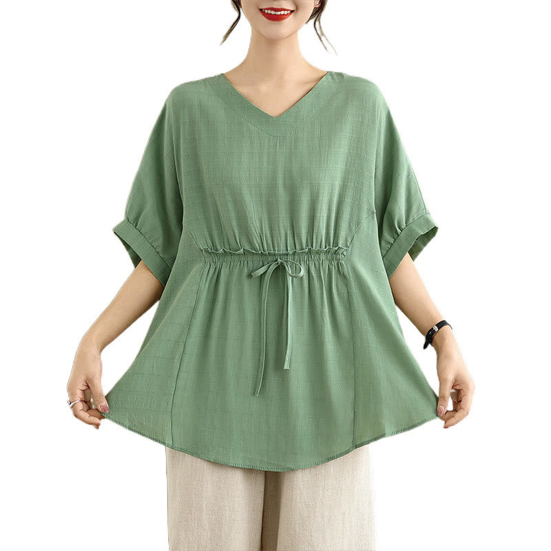 T-shirt damski z nadrukiem Buddha Stones w jednolitym kolorze, z krótkim rękawem i krótkim guzikiem - image 23