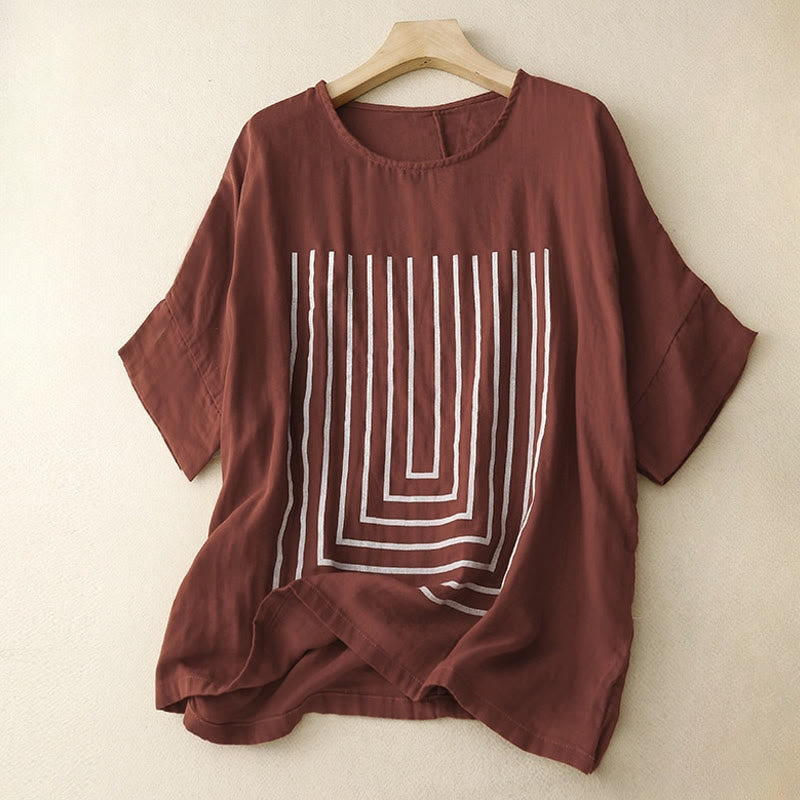 Buddha Stones Casual Line Printing Pattern Krótki rękaw Bawełna Len Damska Koszulka T-shirt - Kasztanowaty - US12, UK/AU16, EU44 (2XL) - image 7