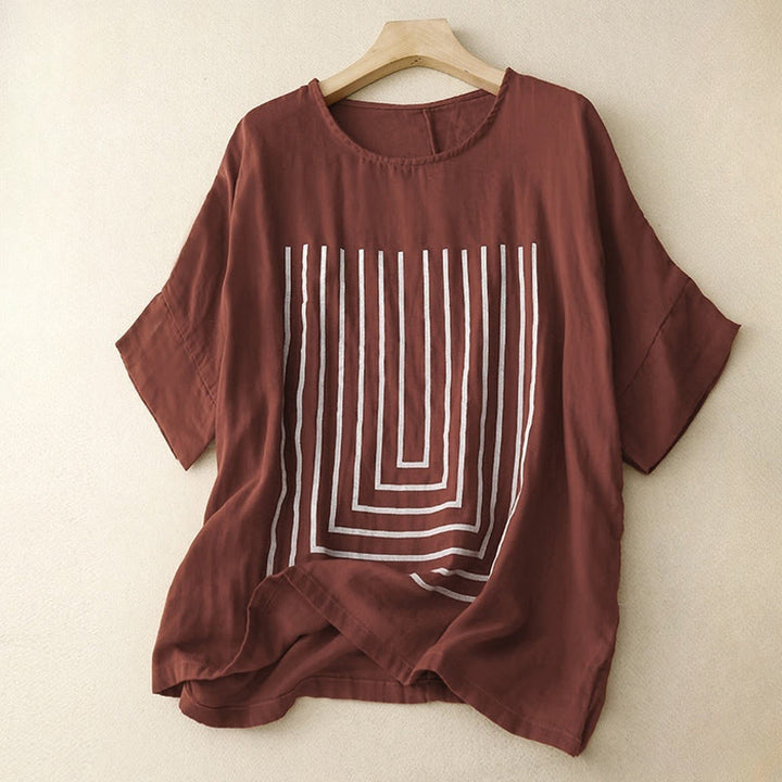 Buddha Stones Casual Line Printing Pattern Krótki rękaw Bawełna Len Damska Koszulka T-shirt - Kasztanowaty - US12, UK/AU16, EU44 (2XL) - image 7