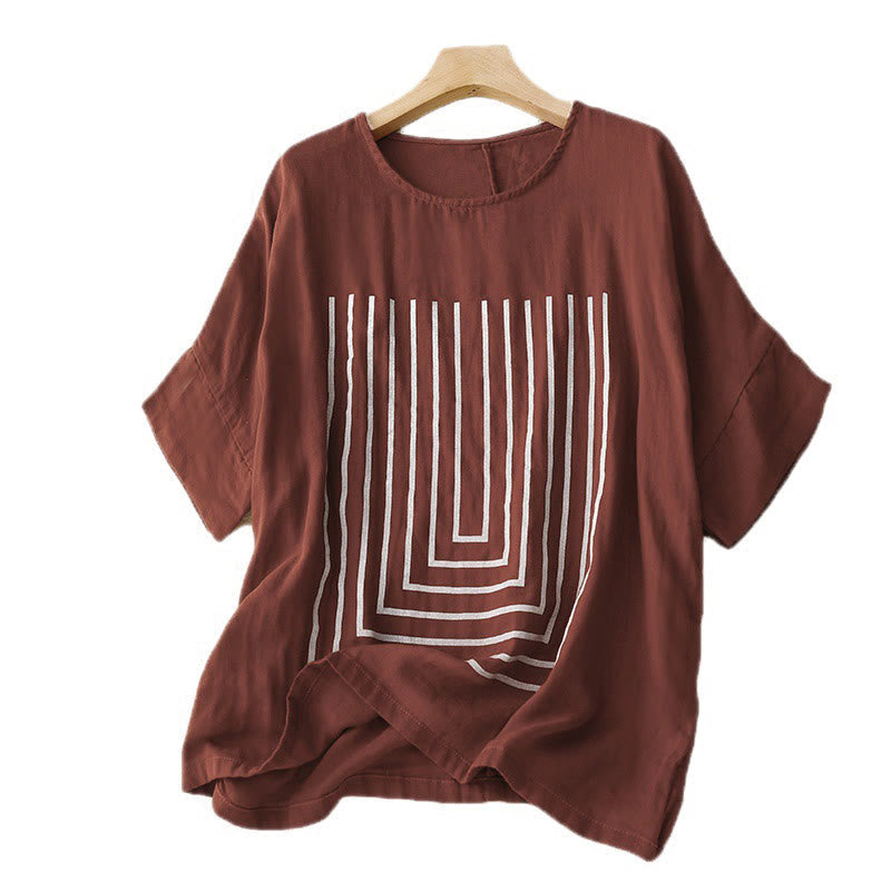 Buddha Stones Casual Line Printing Pattern Krótki rękaw Bawełna Len Damska Koszulka T-shirt - image 11