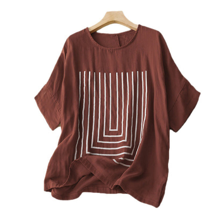 Buddha Stones Casual Line Printing Pattern Krótki rękaw Bawełna Len Damska Koszulka T-shirt - image 11