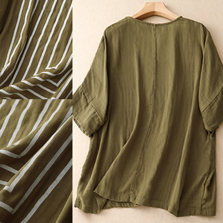 Buddha Stones Casual Line Printing Pattern Krótki rękaw Bawełna Len Damska Koszulka T-shirt - image 6