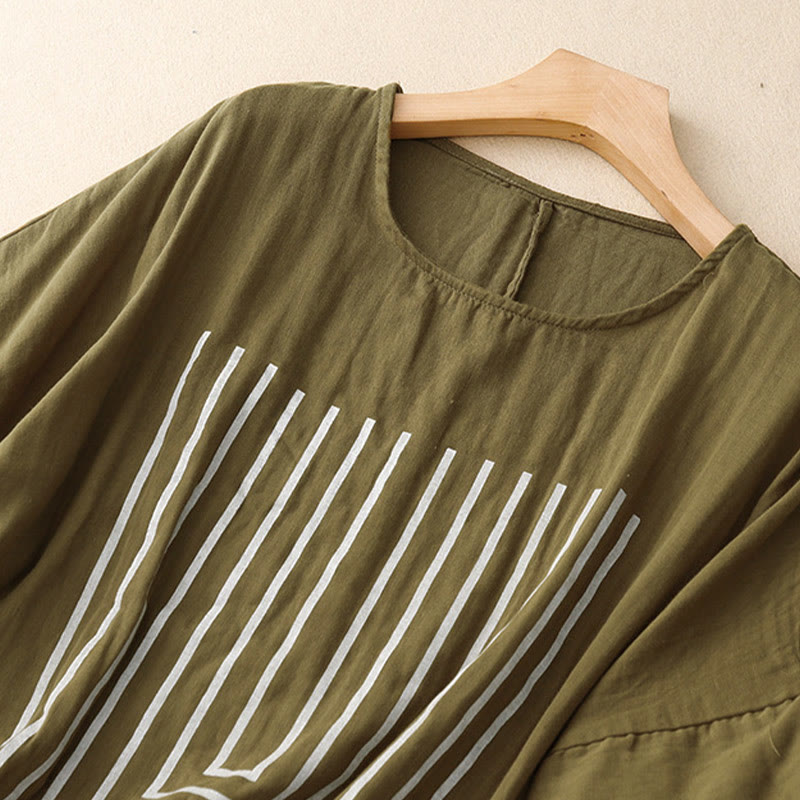 Buddha Stones Casual Line Printing Pattern Krótki rękaw Bawełna Len Damska Koszulka T-shirt - image 1