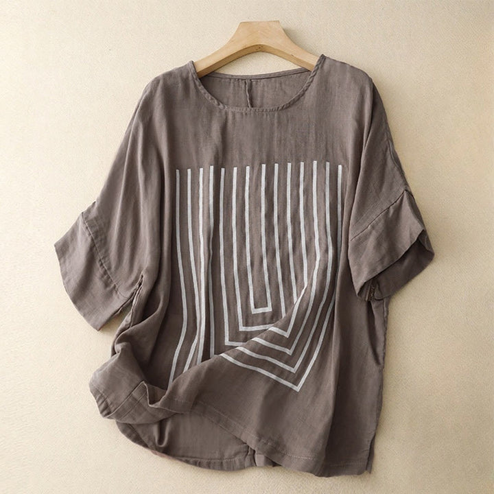 Buddha Stones Casual Line Printing Pattern Krótki rękaw Bawełna Len Damska Koszulka T-shirt - RosyBrown - US12, UK/AU16, EU44 (2XL) - image 18