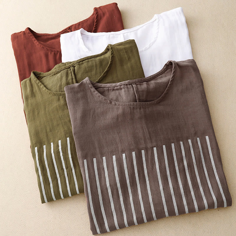 Buddha Stones Casual Line Printing Pattern Krótki rękaw Bawełna Len Damska Koszulka T-shirt - image 23