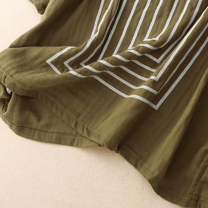 Buddha Stones Casual Line Printing Pattern Krótki rękaw Bawełna Len Damska Koszulka T-shirt - image 2