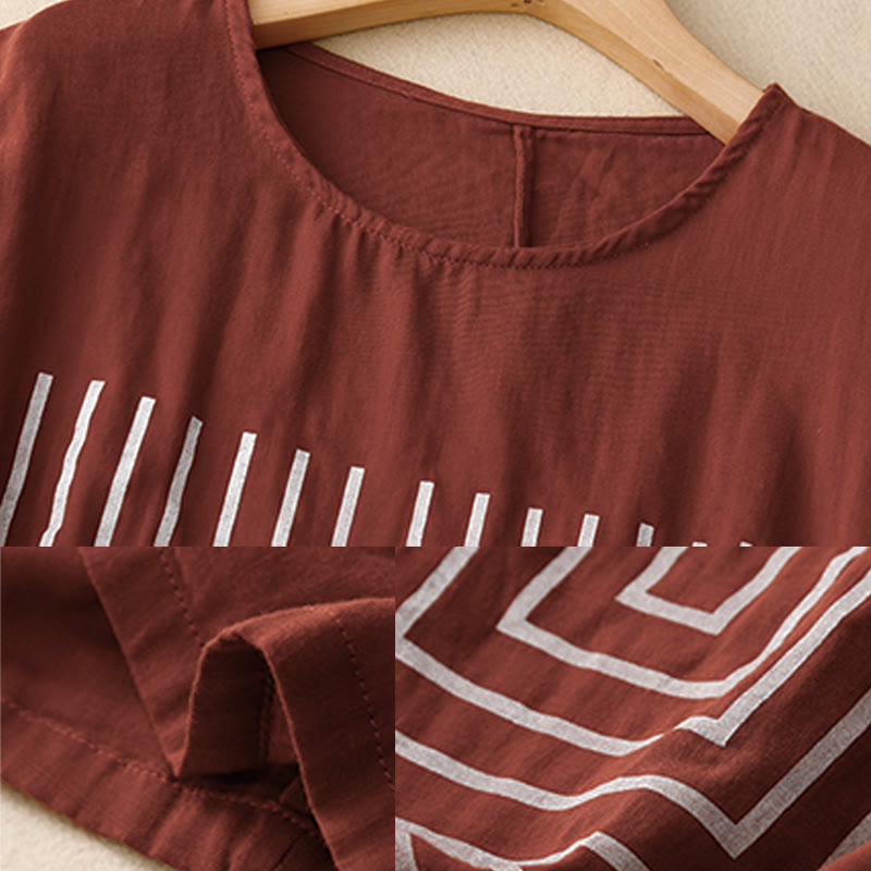 Buddha Stones Casual Line Printing Pattern Krótki rękaw Bawełna Len Damska Koszulka T-shirt - image 8