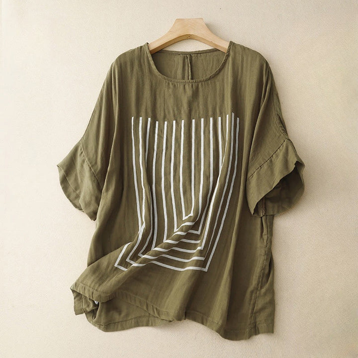 Buddha Stones Casual Line Printing Pattern Krótki rękaw Bawełna Len Damska Koszulka T-shirt - Oliwka - US12, UK/AU16, EU44 (2XL) - image 0