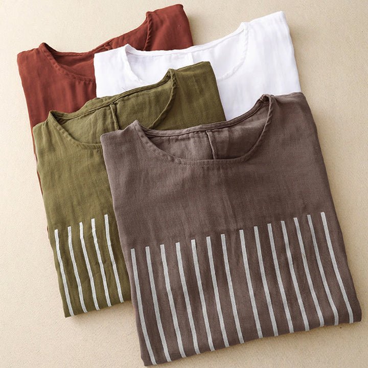 Buddha Stones Casual Line Printing Pattern Krótki rękaw Bawełna Len Damska Koszulka T-shirt - image 23