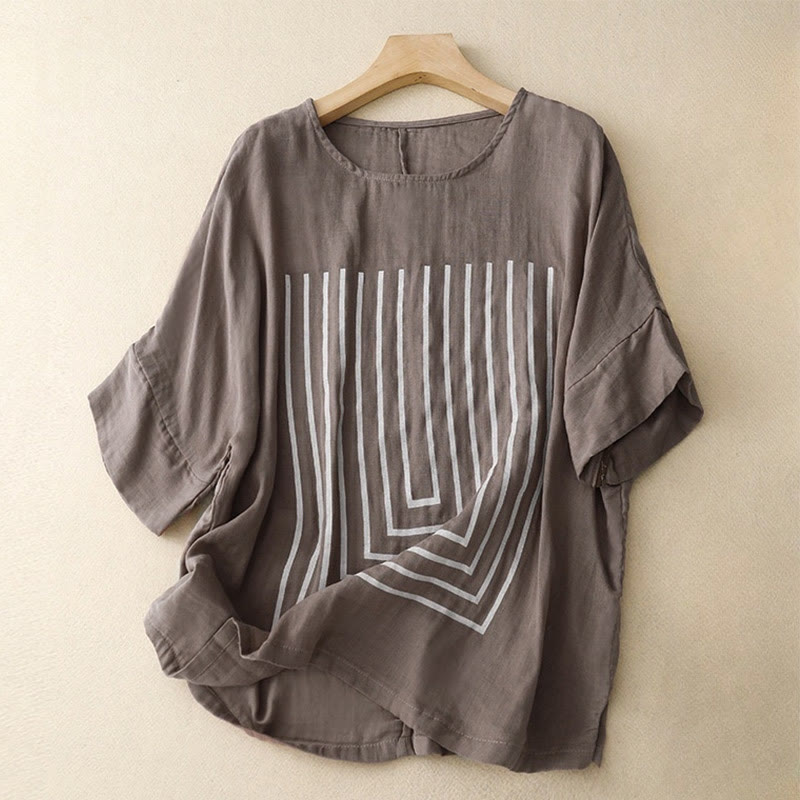 Buddha Stones Casual Line Printing Pattern Krótki rękaw Bawełna Len Damska Koszulka T-shirt - RosyBrown - US12, UK/AU16, EU44 (2XL) - image 18