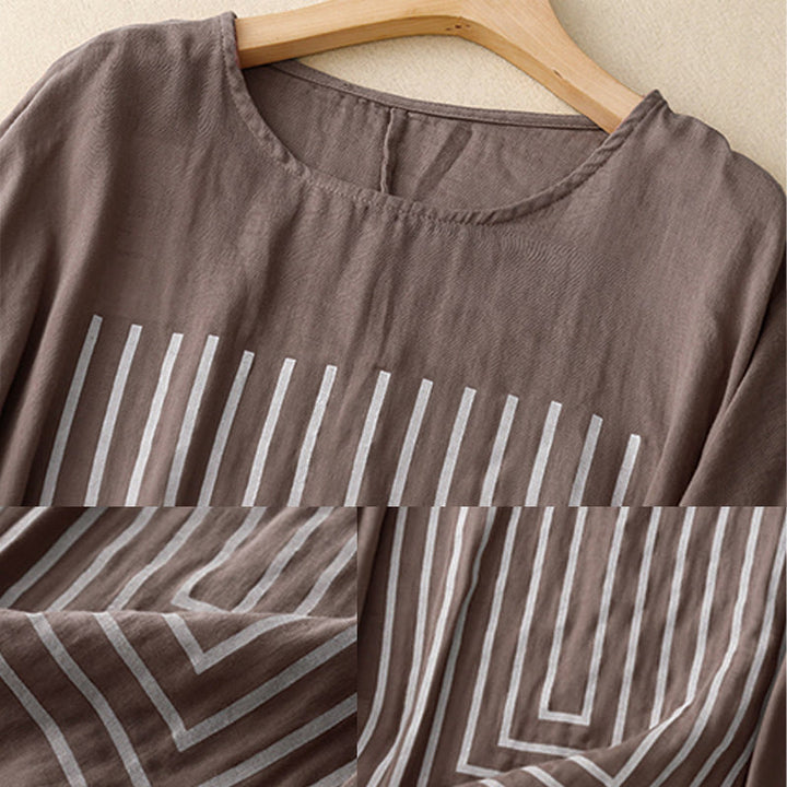 Buddha Stones Casual Line Printing Pattern Krótki rękaw Bawełna Len Damska Koszulka T-shirt - image 21