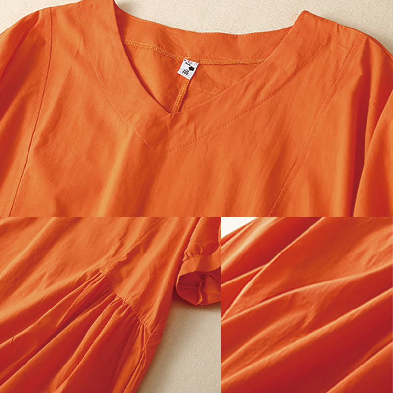 Sukienka midi z bawełny Buddha Stones w swobodnym, czystym kolorze, z krótkim rękawem, dekoltem w serek i kieszeniami - image 7