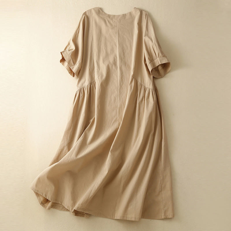 Sukienka midi z bawełny Buddha Stones w swobodnym, czystym kolorze, z krótkim rękawem, dekoltem w serek i kieszeniami - image 10