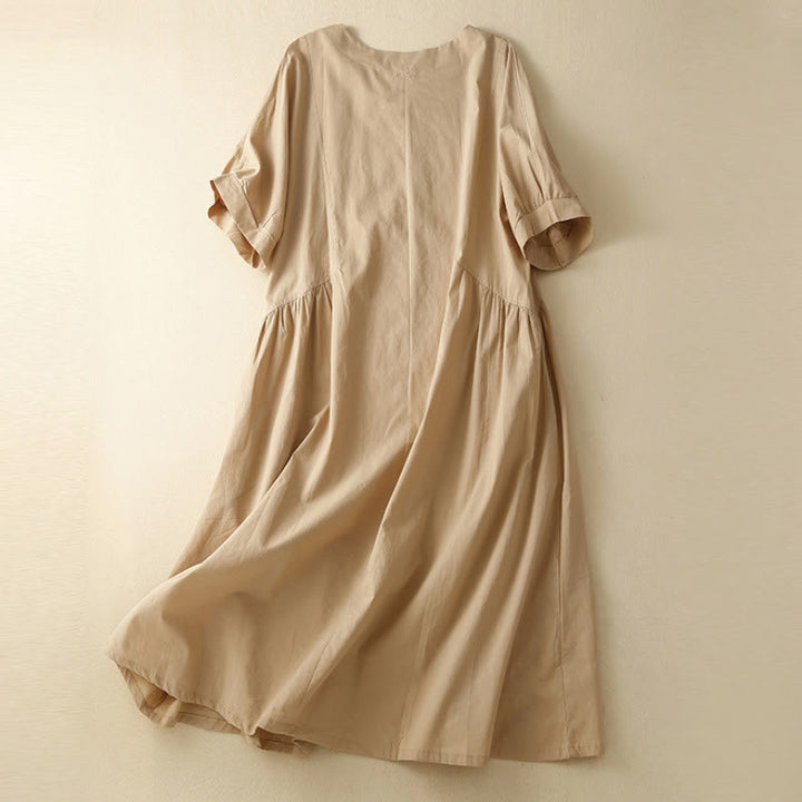 Sukienka midi z bawełny Buddha Stones w swobodnym, czystym kolorze, z krótkim rękawem, dekoltem w serek i kieszeniami - image 10