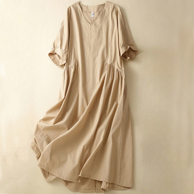 Sukienka midi z bawełny Buddha Stones w swobodnym, czystym kolorze, z krótkim rękawem, dekoltem w serek i kieszeniami - Blada nawłoć - US8-10，UK/AU12-14，EU40-42 (2XL) - image 9