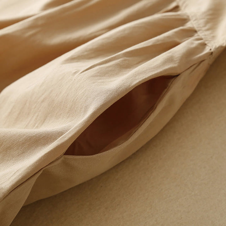 Sukienka midi z bawełny Buddha Stones w swobodnym, czystym kolorze, z krótkim rękawem, dekoltem w serek i kieszeniami - image 11