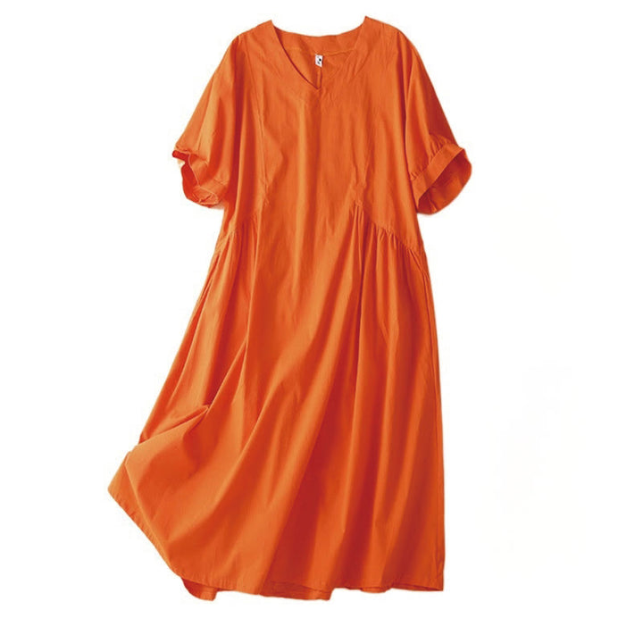 Sukienka midi z bawełny Buddha Stones w swobodnym, czystym kolorze, z krótkim rękawem, dekoltem w serek i kieszeniami - image 8