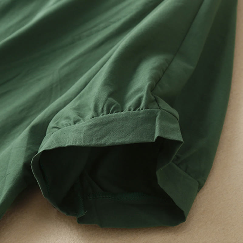 Sukienka midi z bawełny Buddha Stones w swobodnym, czystym kolorze, z krótkim rękawem, dekoltem w serek i kieszeniami - image 1